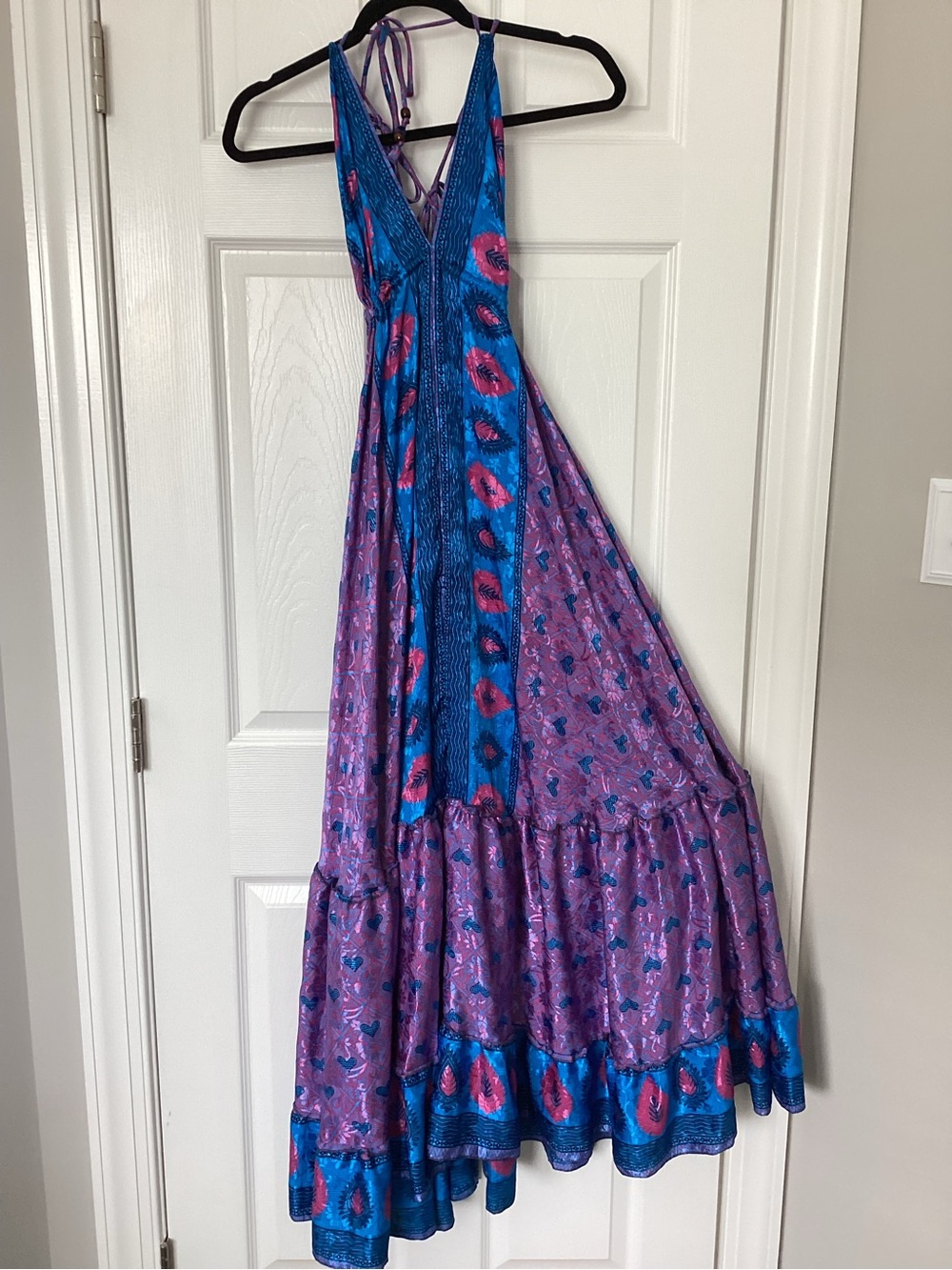 JM Collection Purple and Blue Halter Boho Festival Silk Maxi Dress